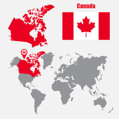 Canada map on a world map with flag and map pointer. Vector illustration
