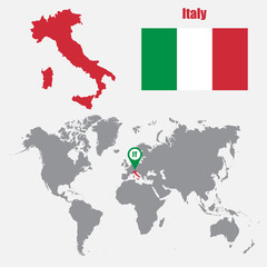 Italy map on a world map with flag and map pointer. Vector illustration