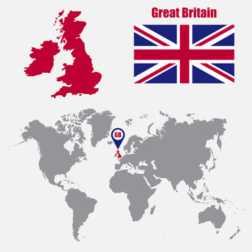 UK map on a world map with flag and map pointer. Vector illustration