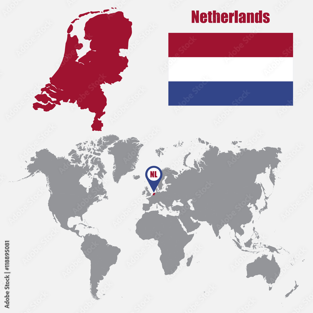 Poster netherlands map on a world map with flag and map pointer. vector illustration
