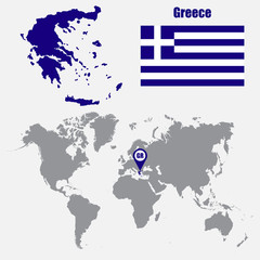 Greece map on a world map with flag and map pointer. Vector illustration