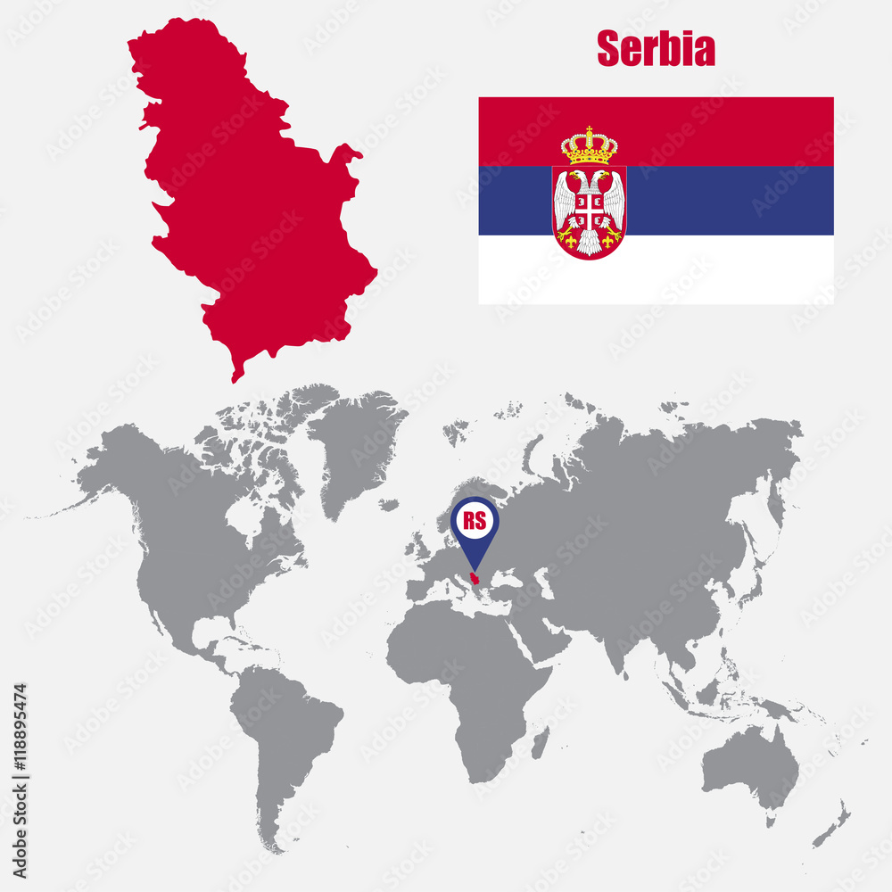 Poster serbia map on a world map with flag and map pointer. vector illustration