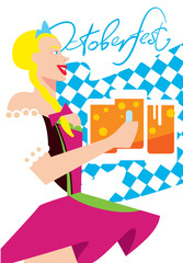 Oktoberfest girl in traditional dresses with beer isolated on white background. Autumn beer festival in Germany. Vector illustration.