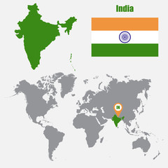India map on a world map with flag and map pointer. Vector illustration