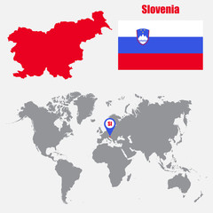 Obraz premium Slovenia map on a world map with flag and map pointer. Vector illustration