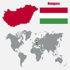 Fototapeta premium Hungary map on a world map with flag and map pointer. Vector illustration
