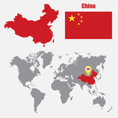 China map on a world map with flag and map pointer. Vector illustration