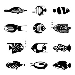 Vector flat illustration silhouette sea tropical various aquarium fish icon on isolation.