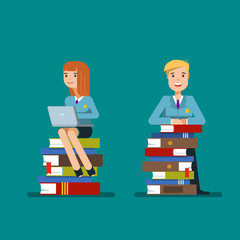 Student sitting on a stack of books with laptop isolated on blue background. Vector illustration flat design concept education