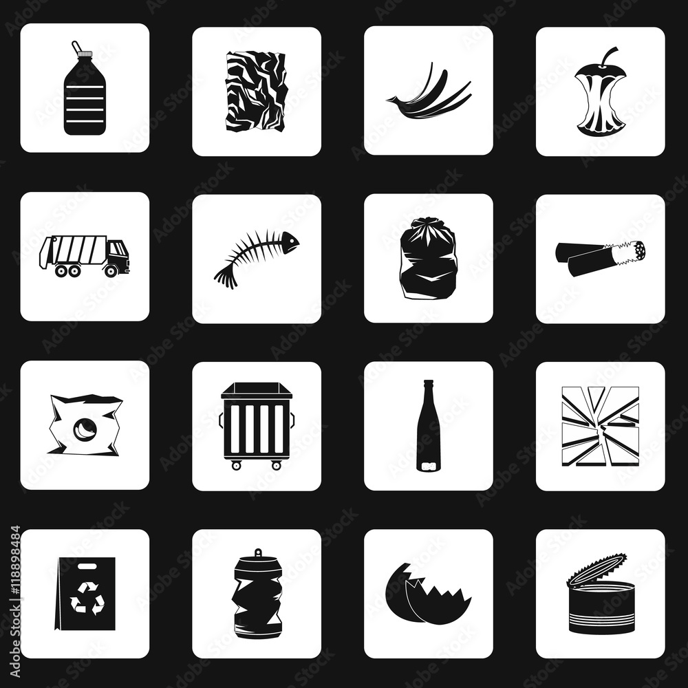 Poster garbage icons set in simple style. waste ecology recycling and pollution set collection vector illus