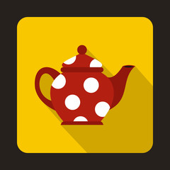 Red spotty teapot icon in flat style on a yellow background