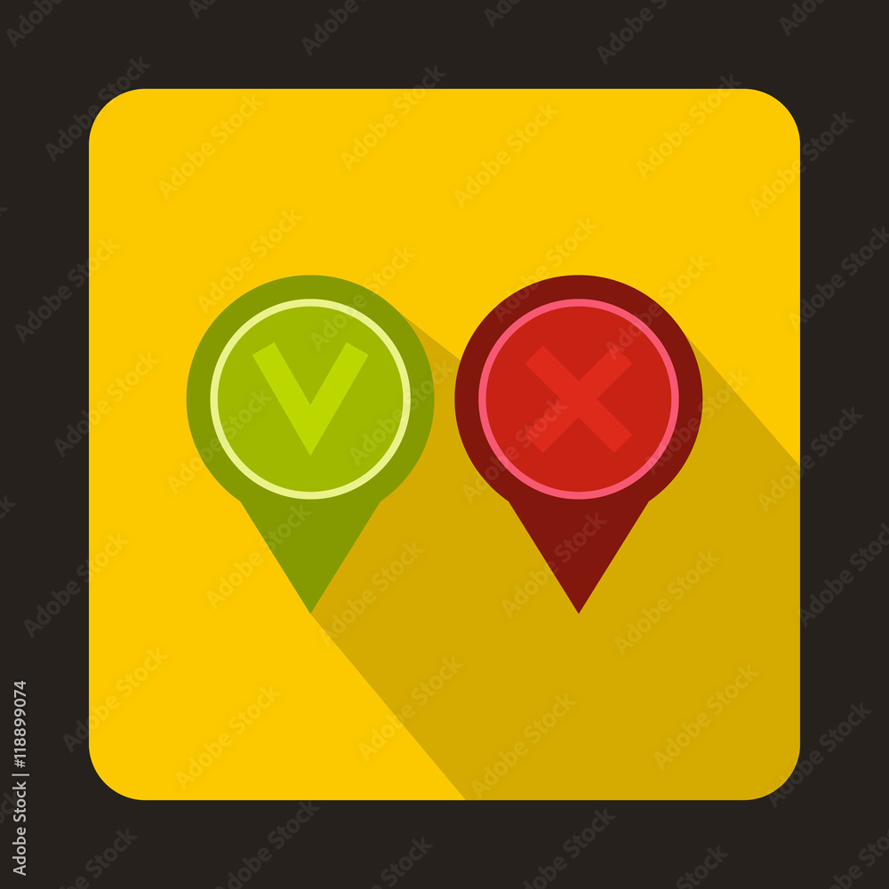 Poster pin with check and cross icon in flat style on a yellow background