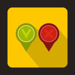 Pin with check and cross icon in flat style on a yellow background