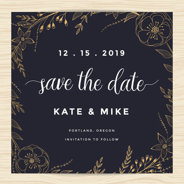 Save the date, wedding invitation card template with golden color flower wreath. Vintage design. Vector illustration.