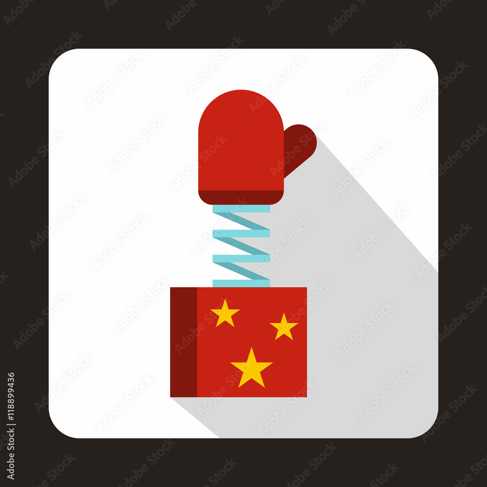 Poster red mitten jumping out from a box icon in flat style on a white background