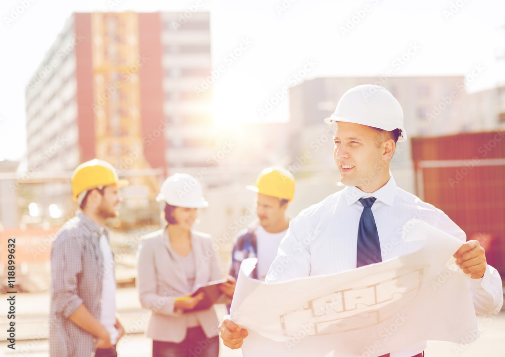 Canvas Prints group of builders with tablet pc and blueprint