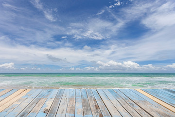 wooden floor with beautiful blue sky scenery for background.