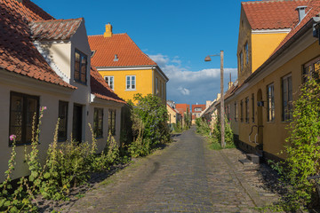 Fototapeta na wymiar Yellow houses in the old town of Dragor