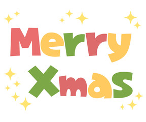 クリスマスカラー（赤・緑・黄色）のMerry Xmasロゴ　白背景・ベクター素材
