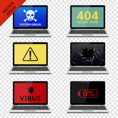 Error signs on laptop screens isolated on transparent background