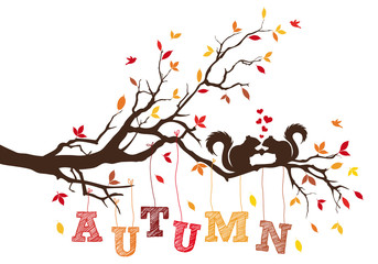 Atumn tree with squirrels, vector