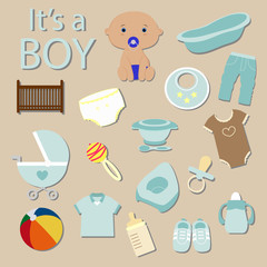 set of accessories for baby care. It's a boy