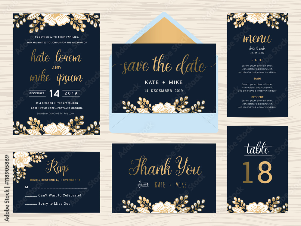 Wall mural set of wedding suite template decorate with wreath flowers and golden text includes save the date, w - Wall murals