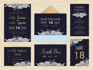 Set of wedding suite template decorate with white rose and golden text includes save the date, wedding invitation, wedding menu, RSVP, thank you card, table number. Vector illustration.