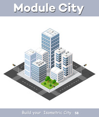 Isometric perspective city with streets, houses, skyscrapers, parks and trees