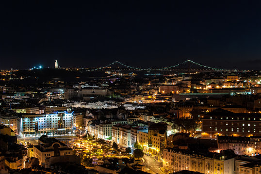 Cityscape of Lisbon Portugal at night
