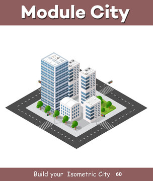 Isometric perspective city with streets, houses, skyscrapers, parks and trees