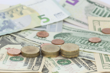 coins and banknotes ,concept of business planning and finance.