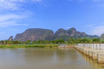 elephant mountain and small concrete dam at phang nga province in south Thailand