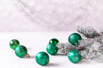 Christmas background with decorations on wooden board. Soft focus.