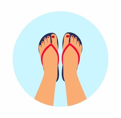 Vector illustration female feet with a pedicure in the summer flip-flops. summer - concept background