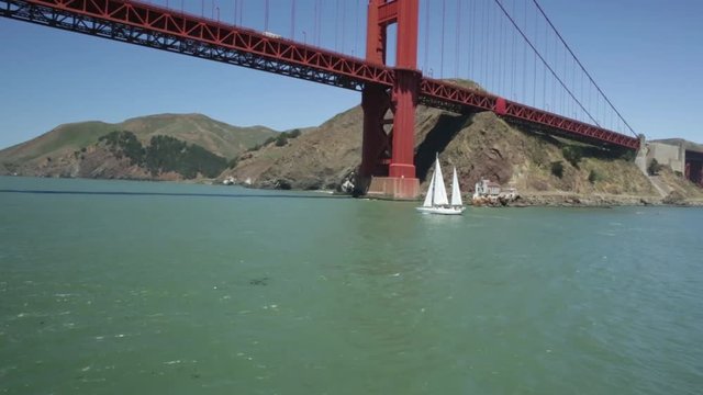 Aerial Sailboat below Golden Gate Bridge