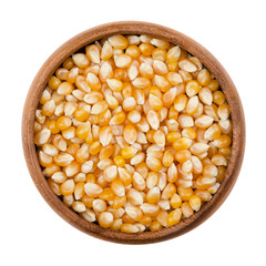 Unpopped popcorn in a wooden bowl on white background. A type of corn that expands from the kernel and puffs up when heated. Yellow seeds, edible, raw and vegan food. Isolated macro photo close up.