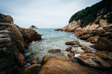 Rocky coast at Shek O Beach, on Hong Kong Island, Hong Kong.