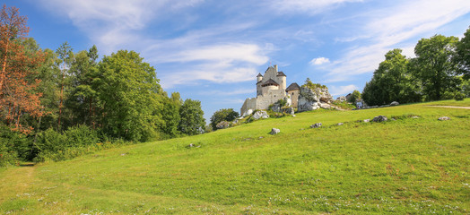 Scenic view of the medieval castle in Bobolice village. Poland.