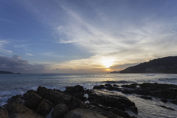 sea waves sand and rock in the twilight ,beautiful scenery for b