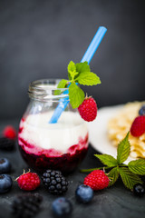 Yogurt with fresh berries fruit and crispy wafers on stone background.
