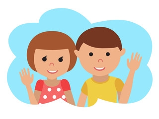 Vector drawing of icon little boy and girl in the cloud, waving his hand.