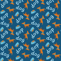 Vector seamless background. Happy dog with bowl and lettering.
