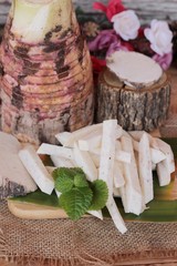 Fresh taro and taro sliced for cooking.