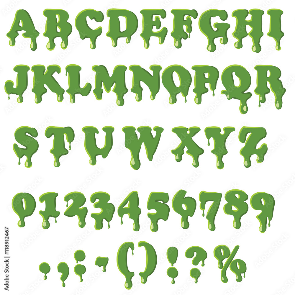 Aufkleber slime alphabet with numbers isolated on white background. english font in slime texture set collecti