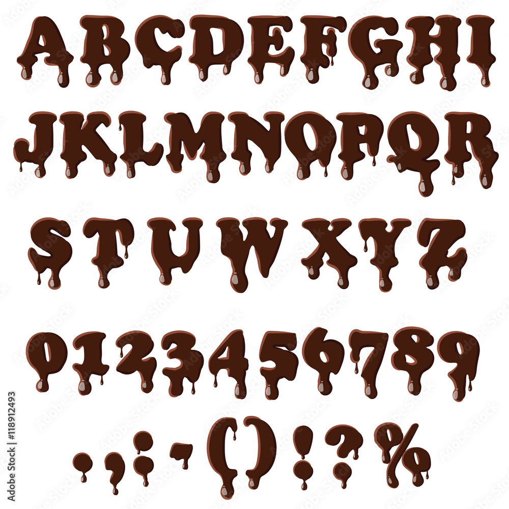 Poster chocolate alphabet with numbers isolated on white background. english font in chocolate texture set 