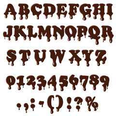 Chocolate alphabet with numbers isolated on white background. English font in chocolate texture set collection vector illustration