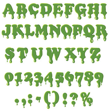Slime alphabet with numbers isolated on white background. English font in slime texture set collection vector illustration
