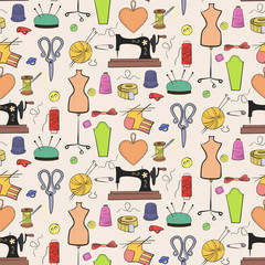 Seamless pattern of knitting, sewing and needlework  icons.