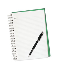 Blank note book with pen isolated on white background